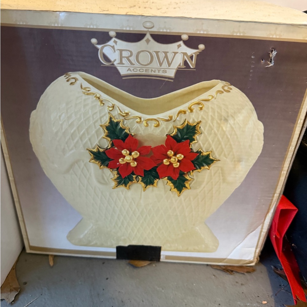 Cream Holiday Vase with Red and Green Poinsettia Design